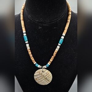 Abalone Shell Pendant Necklace w/ Blue and Brown Beads Heishi Beads 15" Long